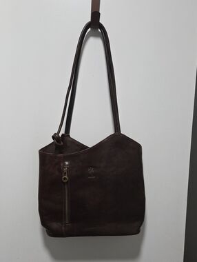 Vera Pelle Brown Leather Convertable Shoulder To Backpack Plaid Lining